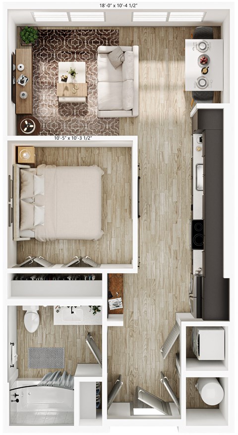 an overhead view of a bedroom with a bathroom and a sink